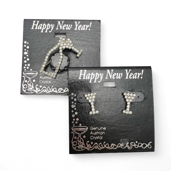 Vtg Clear Austrian Crystal Martini Glasses Champagne Bottle Pin & Earrings Set - Picture 1 of 4